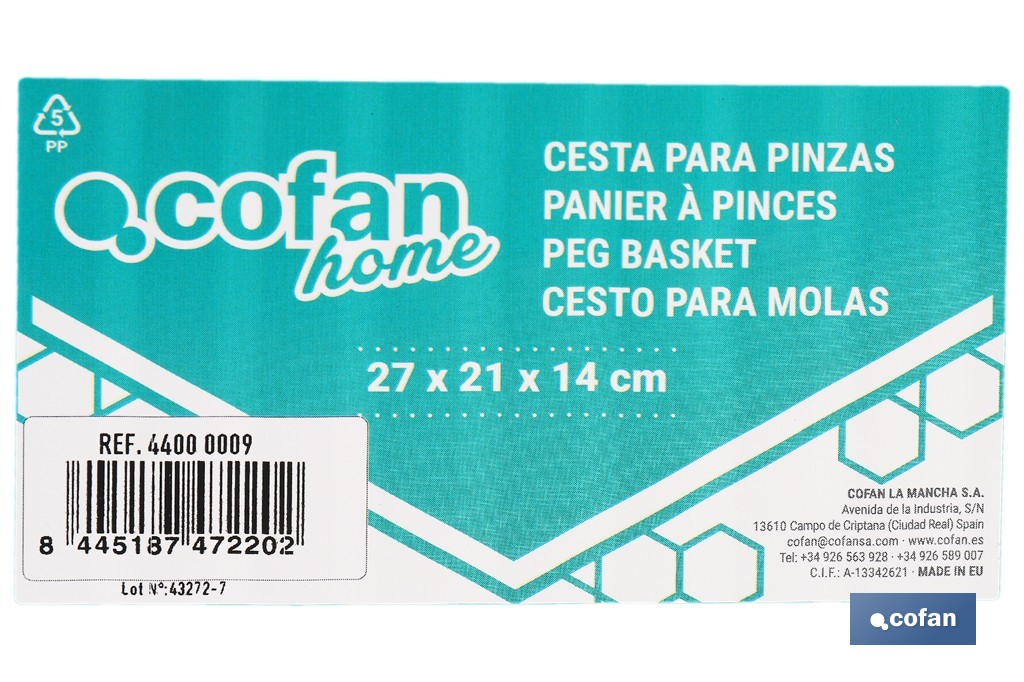 Cesta para pinzas de ropa con colgador | Almacenamiento para colada | Disponible en diferentes colores - Cofan