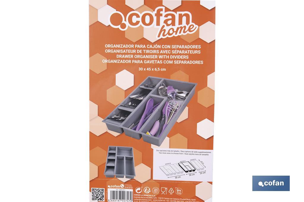 Organizador de cubiertos con separadores para cajón | Cubertero con 8 compartimentos y separadores modulares | Color: gris | Material: polipropileno - Cofan