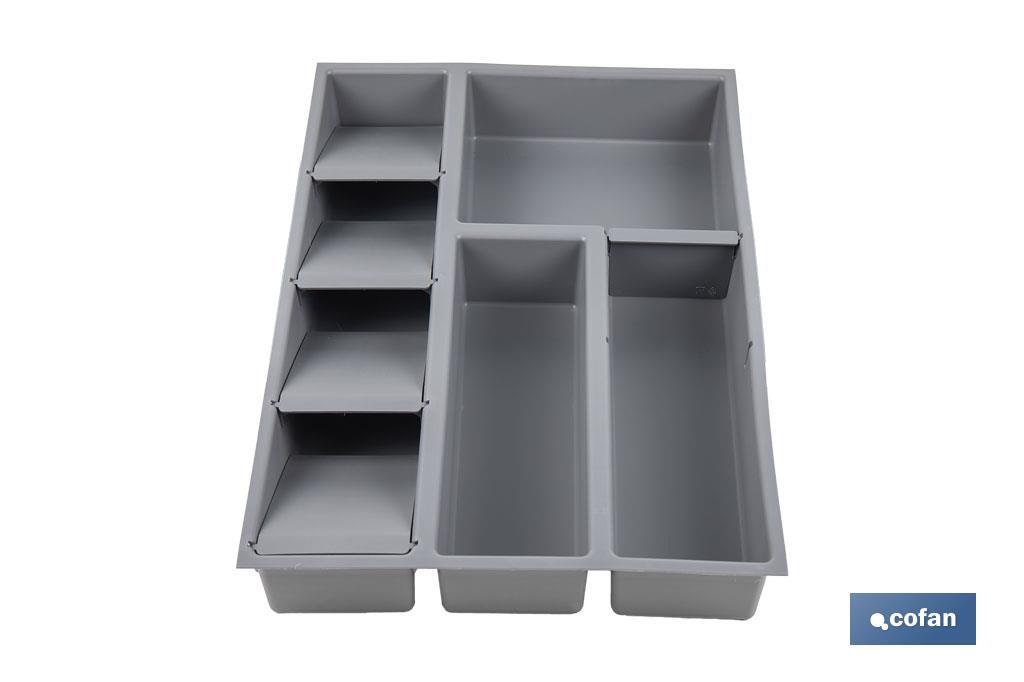 Organizador de cubiertos con separadores para cajón | Cubertero con 8 compartimentos y separadores modulares | Color: gris | Material: polipropileno - Cofan