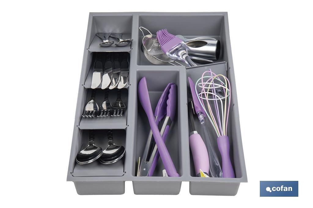 Organizador de cubiertos con separadores para cajón | Cubertero con 8 compartimentos y separadores modulares | Color: gris | Material: polipropileno - Cofan