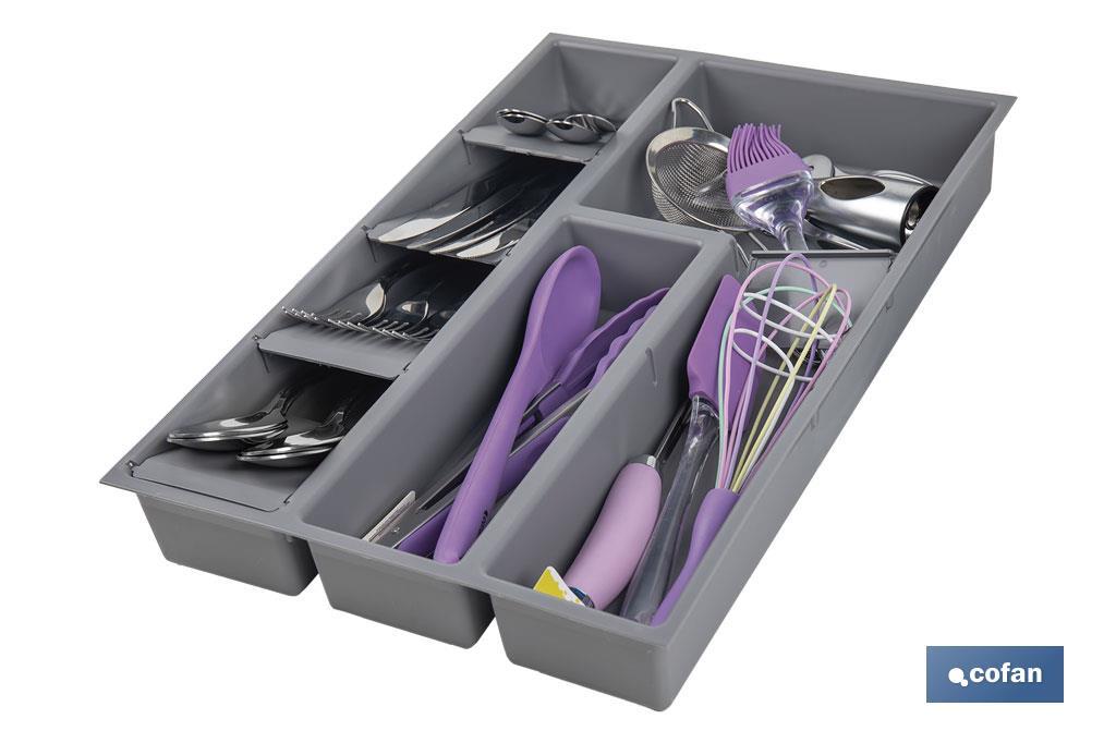 Organizador de cubiertos con separadores para cajón | Cubertero con 8 compartimentos y separadores modulares | Color: gris | Material: polipropileno - Cofan