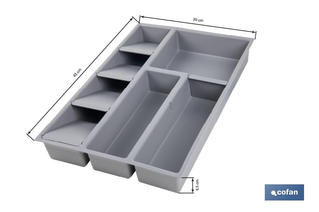 Organizador de cubiertos con separadores para cajón | Cubertero con 8 compartimentos y separadores modulares | Color: gris | Material: polipropileno - Cofan