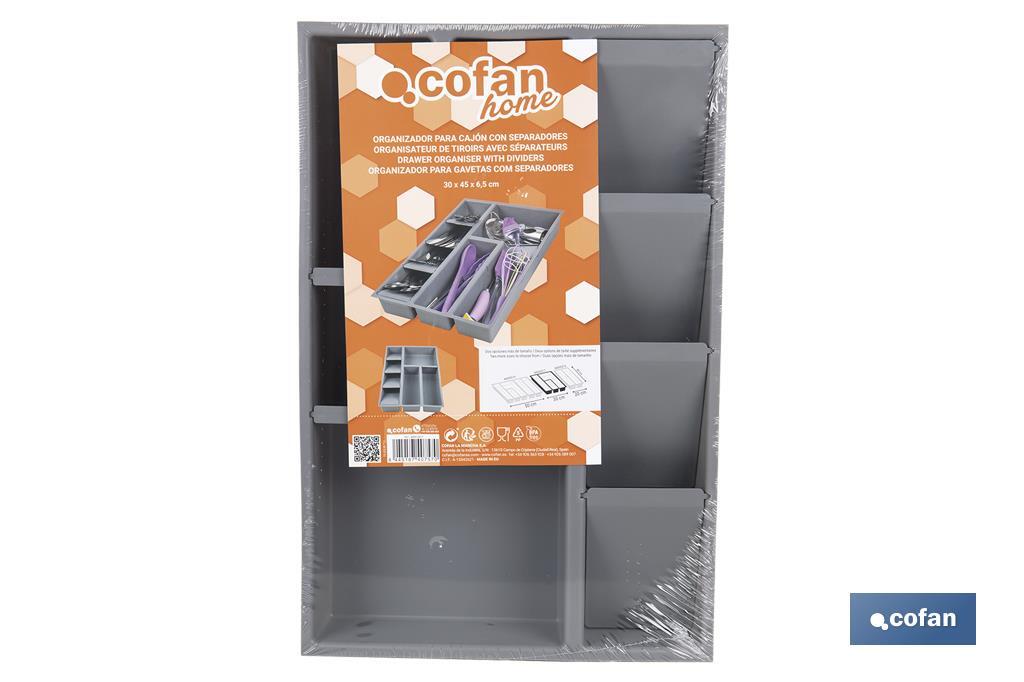 Organizador de cubiertos con separadores para cajón | Cubertero con 8 compartimentos y separadores modulares | Color: gris | Material: polipropileno - Cofan