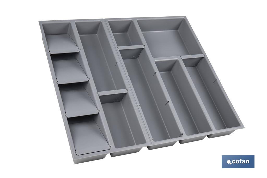 Organizador de cubiertos con separadores para cajón | Cubertero con 11 compartimentos y separadores modulares | Color: gris | Material: polipropileno - Cofan