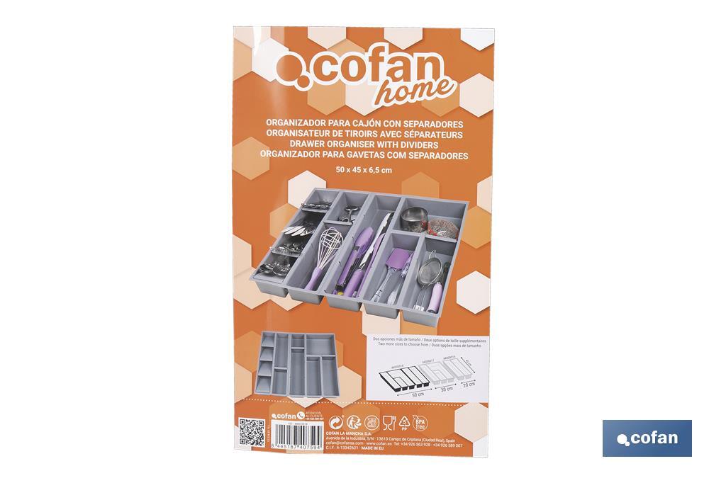 Organizador de cubiertos con separadores para cajón | Cubertero con 11 compartimentos y separadores modulares | Color: gris | Material: polipropileno - Cofan