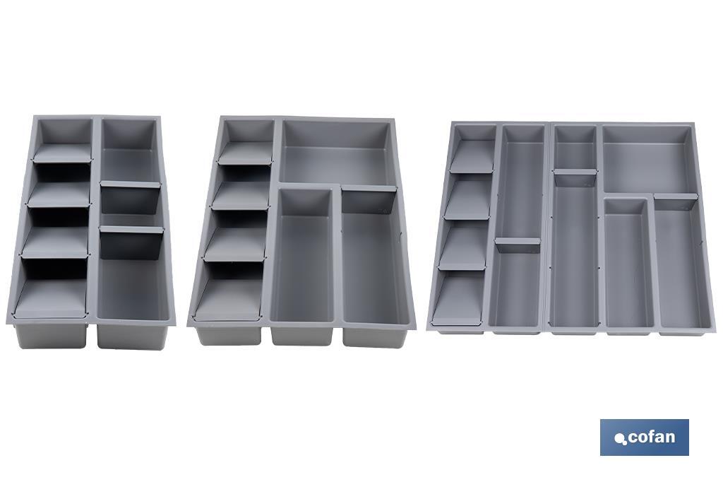Organizador de cubiertos con separadores para cajón | Cubertero con 11 compartimentos y separadores modulares | Color: gris | Material: polipropileno - Cofan