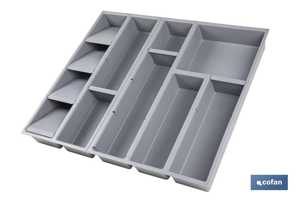 Organizador de cubiertos con separadores para cajón | Cubertero con 11 compartimentos y separadores modulares | Color: gris | Material: polipropileno - Cofan