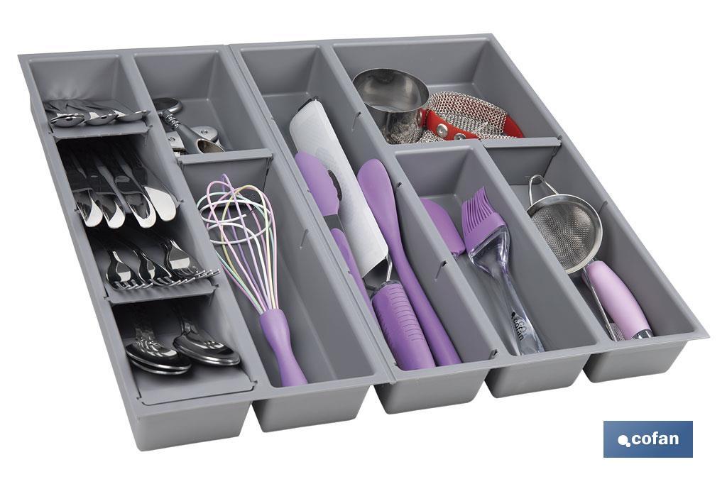 Organizador de cubiertos con separadores para cajón | Cubertero con 11 compartimentos y separadores modulares | Color: gris | Material: polipropileno - Cofan