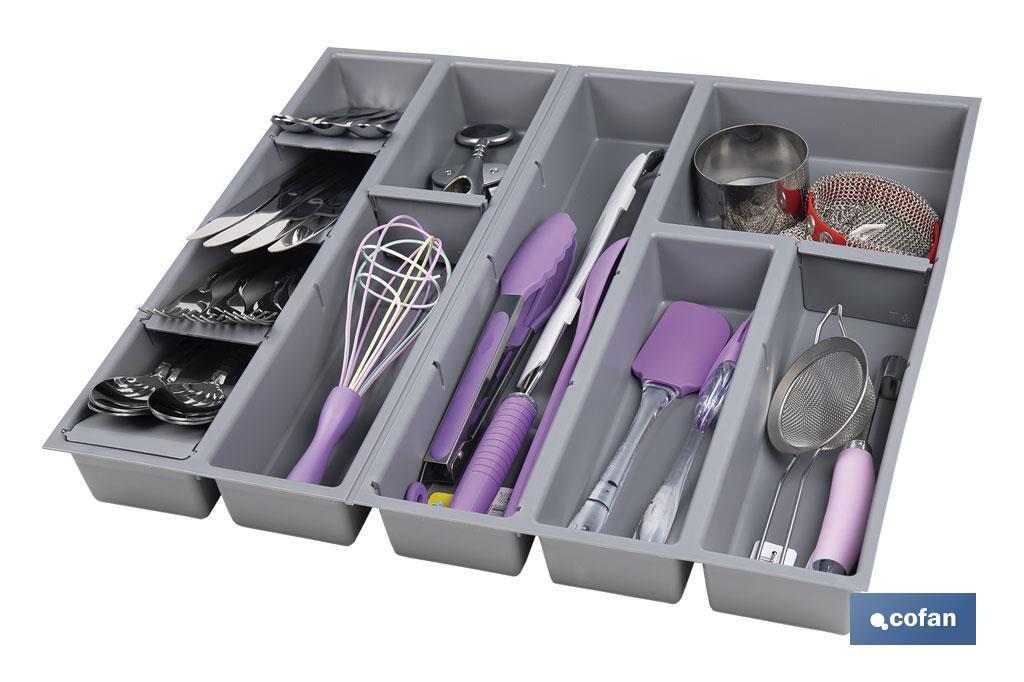 Organizador de cubiertos con separadores para cajón | Cubertero con 11 compartimentos y separadores modulares | Color: gris | Material: polipropileno - Cofan