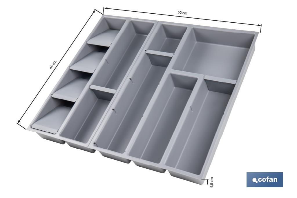 Organizador de cubiertos con separadores para cajón | Cubertero con 11 compartimentos y separadores modulares | Color: gris | Material: polipropileno - Cofan