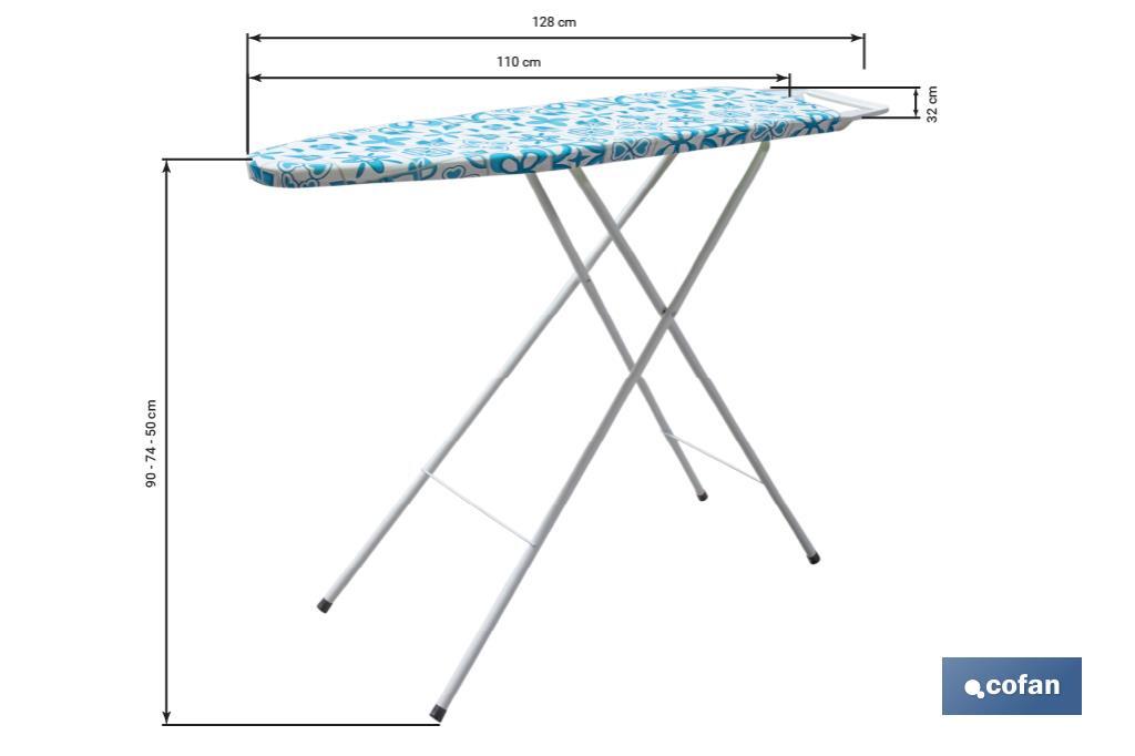 Tabla de planchar | 3 posiciones regulables | Compacta y ajustable | Patas antideslizantes | Medidas: 110 x 32 cm - Cofan