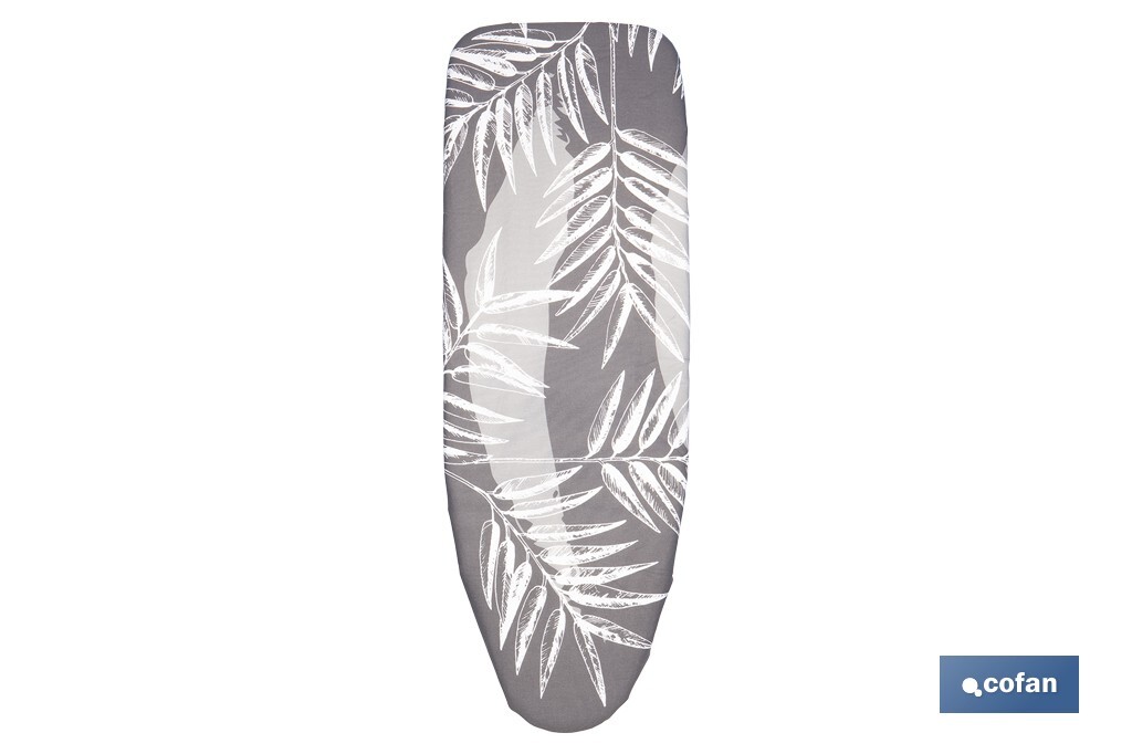 Funda acolchada para tabla de planchar | Tamaño universal | Estampado de ramas blancas | Color: gris bitonal | Material: 100 % algodón | Refleja el vapor | Medidas: 135 x 53 cm - Cofan