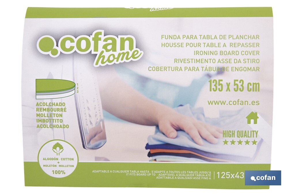 Funda acolchada para tabla de planchar | Tamaño universal | Estampado de ramas blancas | Color: gris bitonal | Material: 100 % algodón | Refleja el vapor | Medidas: 135 x 53 cm - Cofan