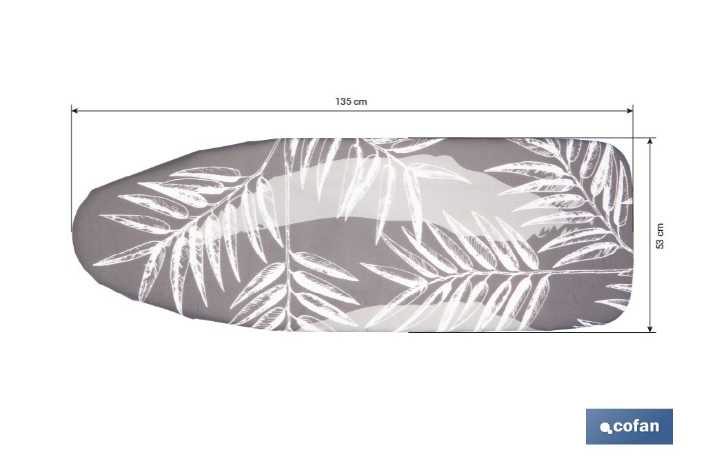 Funda acolchada para tabla de planchar | Tamaño universal | Estampado de ramas blancas | Color: gris bitonal | Material: 100 % algodón | Refleja el vapor | Medidas: 135 x 53 cm - Cofan