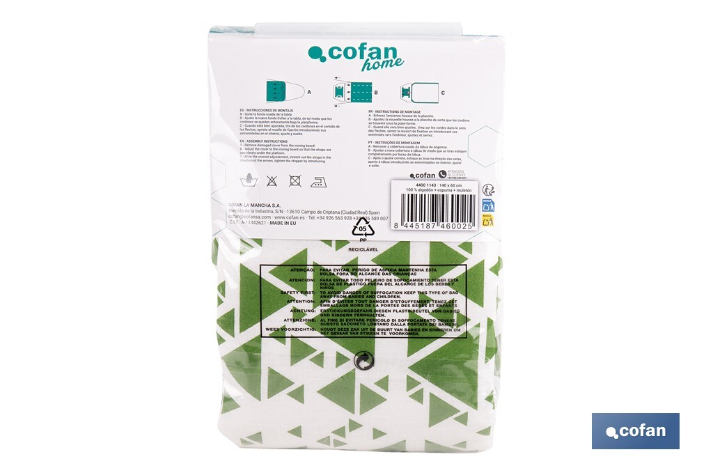 Funda acolchada para tabla de planchar | Tamaño universal | Estampado de triángulos verdes | Material: 100 % algodón | Refleja el vapor | Medidas: 140 x 60 cm - Cofan