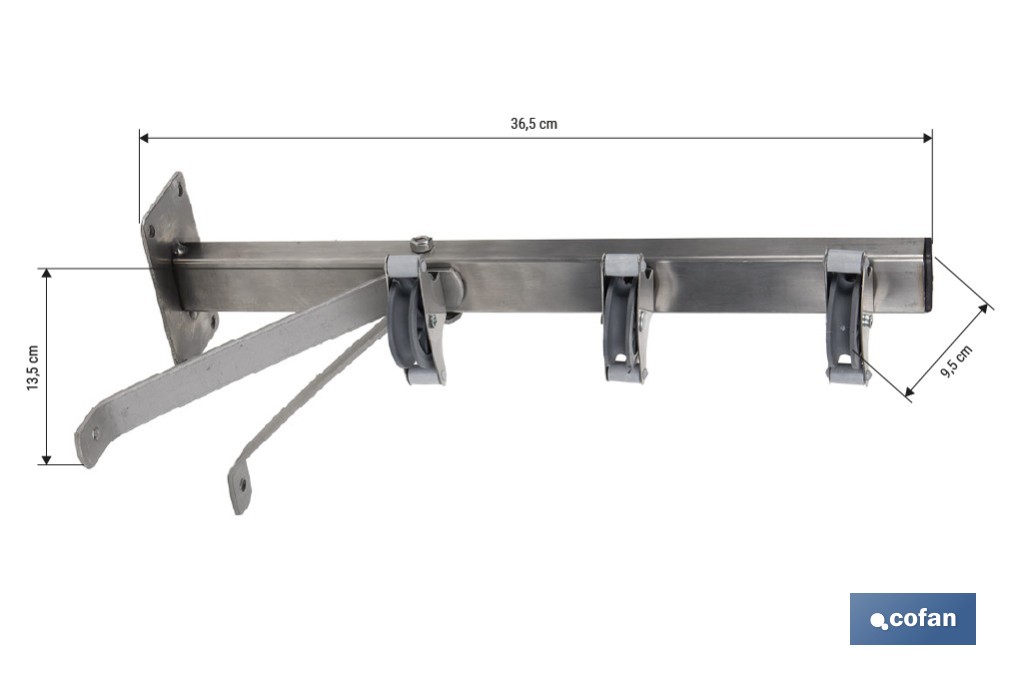 Tendedero fijo de pared de dos piezas con forma de escuadra y 3 poleas | Fabricado en Acero Inoxidable AISI 304 | Medidas: 36,5 x 9,5 cm - Cofan