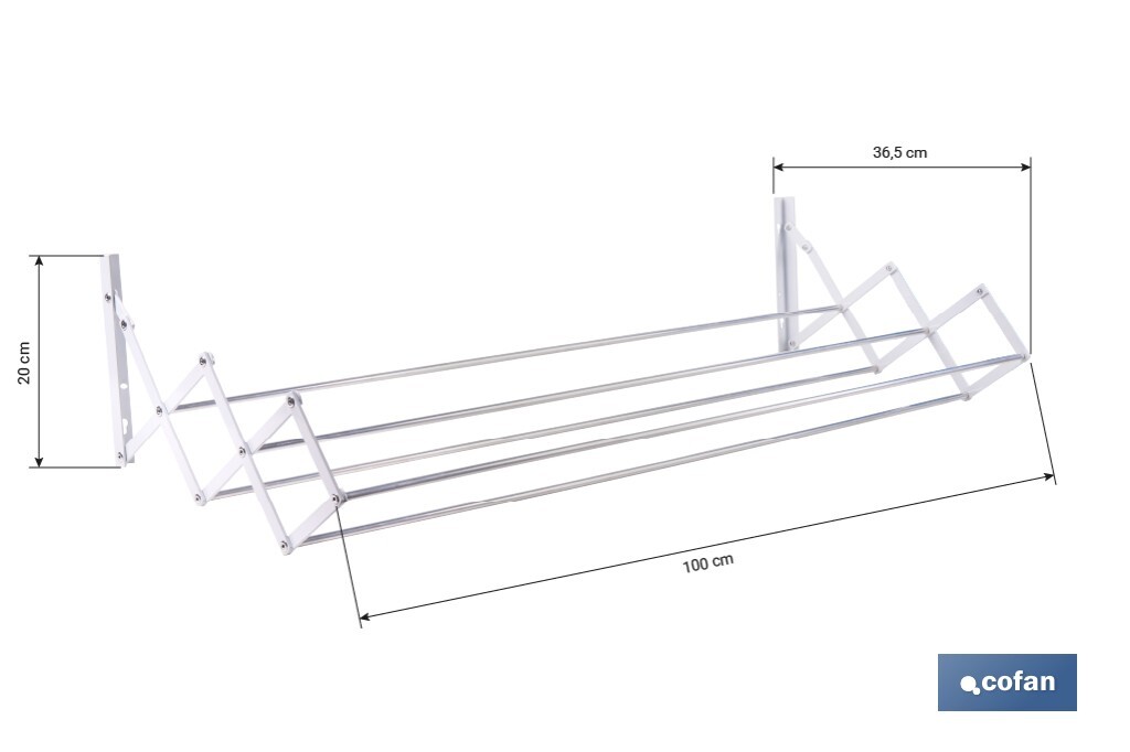 Tendedero de pared extensible en aluminio pulido | Medida: 100 cm | 5 Varillas con 5 metros de área de tendido | Ideal para Interiores y Exteriores - Cofan