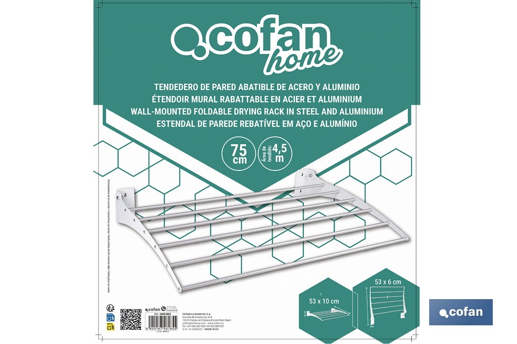 Tendedero de pared abatible | 6 varillas de aluminio | Área de tendido de 4,5 m | Longitud: 75 cm | Color: blanco - Cofan