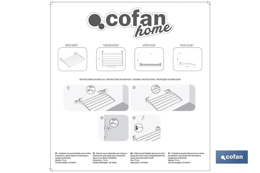 Tendedero de pared abatible | 6 varillas de aluminio | Área de tendido de 4,5 m | Longitud: 75 cm | Color: blanco - Cofan