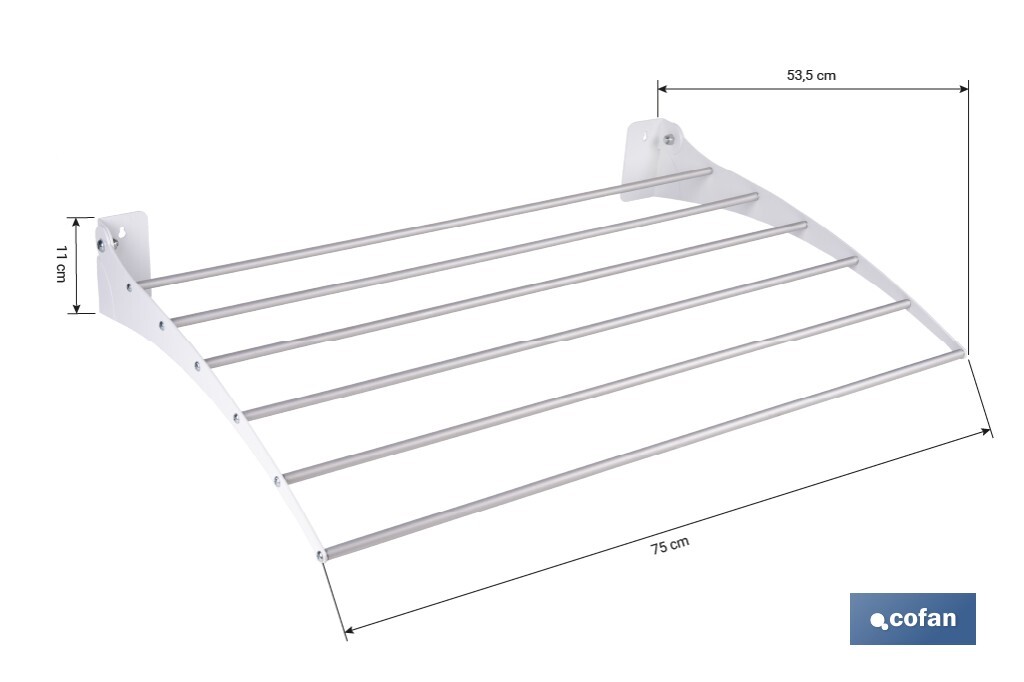 Tendedero de pared abatible | 6 varillas de aluminio | Área de tendido de 4,5 m | Longitud: 75 cm | Color: blanco - Cofan