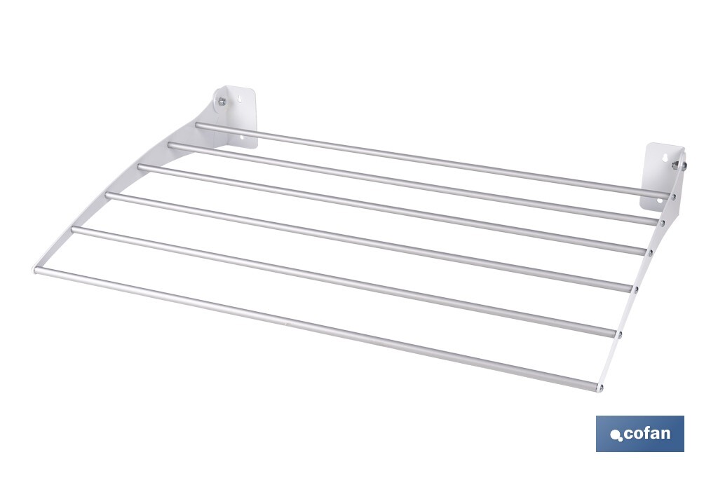 Tendedero de pared abatible | 6 varillas de aluminio | Área de tendido de 4,5 m | Longitud: 75 cm | Color: blanco - Cofan