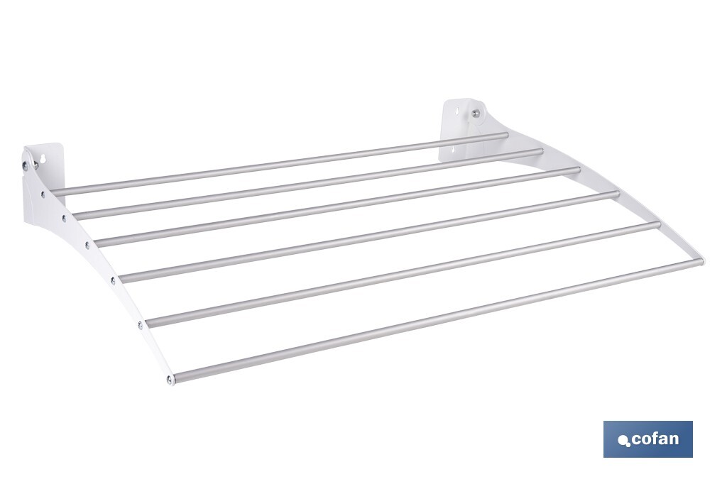Tendedero de pared abatible | 6 varillas de aluminio | Área de tendido de 4,5 m | Longitud: 75 cm | Color: blanco - Cofan