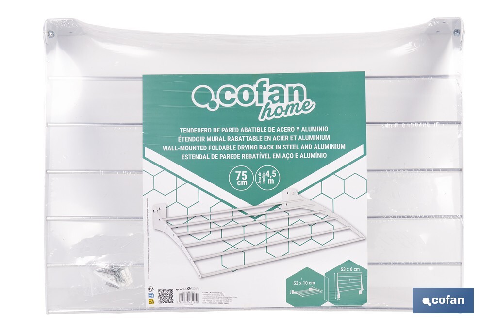 Tendedero de pared abatible | 6 varillas de aluminio | Área de tendido de 4,5 m | Longitud: 75 cm | Color: blanco - Cofan