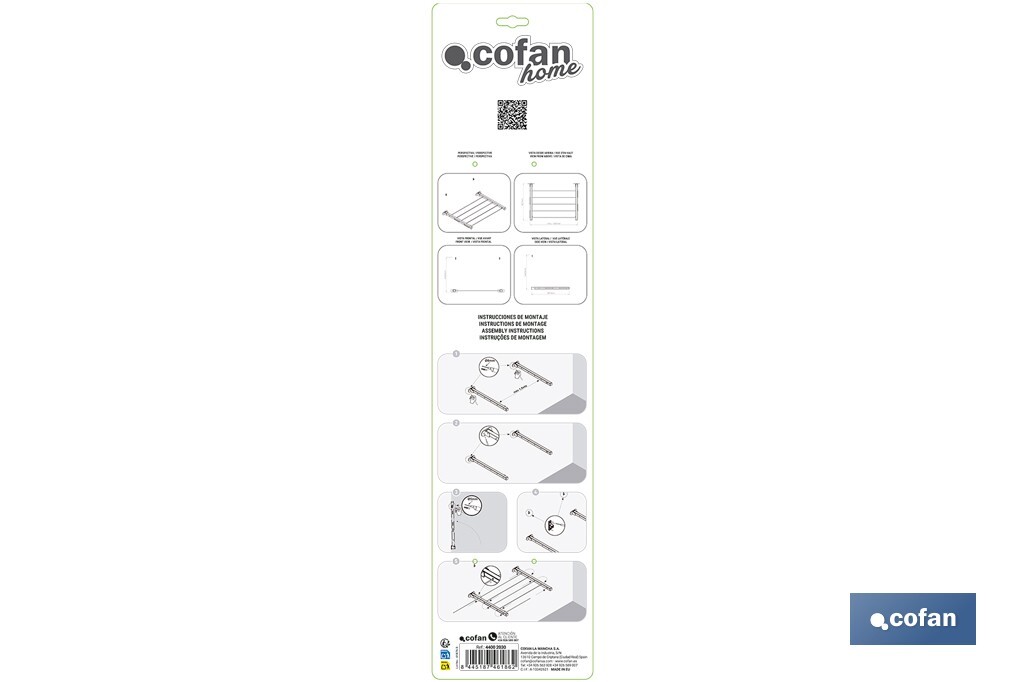 Tendedero de pared abatible | Con 2 soportes metálicos | Ancho de hasta 150 cm | Longitud: 50,5 cm | Incluye tornillos y tacos - Cofan