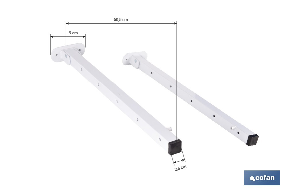 Tendedero de pared abatible | Con 2 soportes metálicos | Ancho de hasta 150 cm | Longitud: 50,5 cm | Incluye tornillos y tacos - Cofan