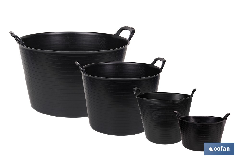 Capazo negro de polietileno reciclado con base plana estable | Adecuado para uso agrícola y construcción, poda, vendimia, apilable | Disponible en varias capacidades - Cofan