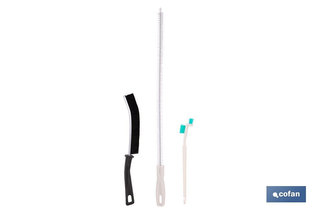 Set de 3 cepillos de limpieza multifunción para baños, cocinas y ventanas | Limpia ranuras, raíles, tuberías y mucho más - Cofan