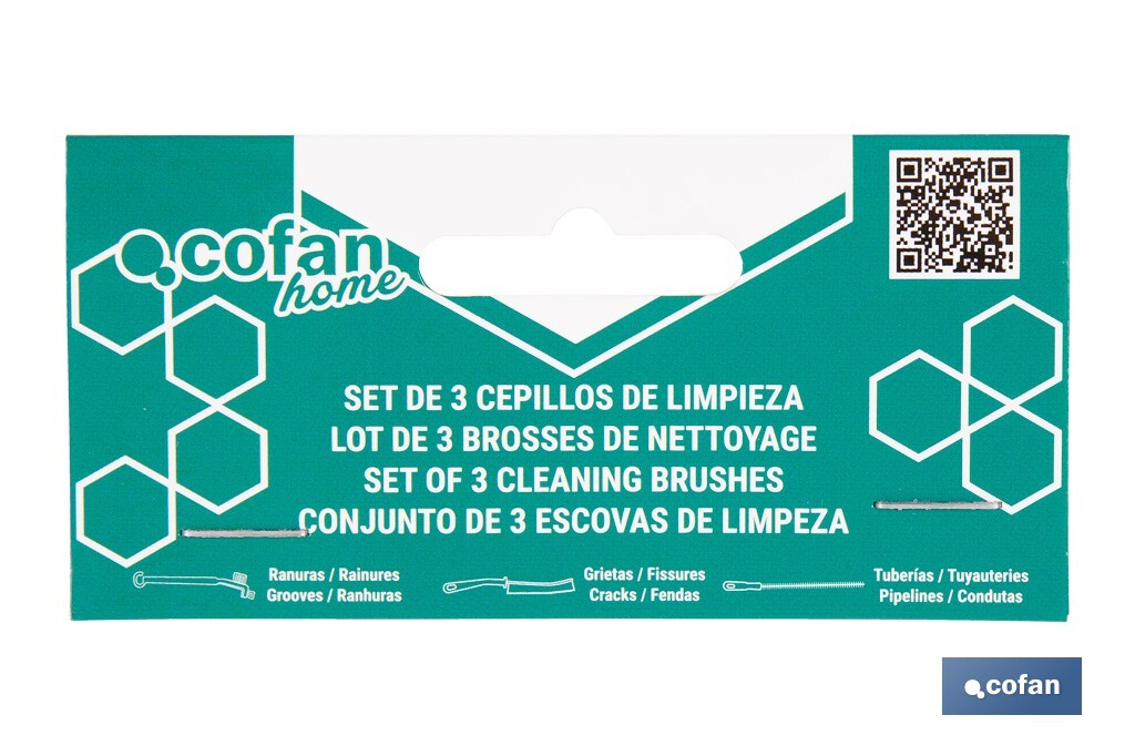 Set de 3 cepillos de limpieza multifunción para baños, cocinas y ventanas | Limpia ranuras, raíles, tuberías y mucho más - Cofan