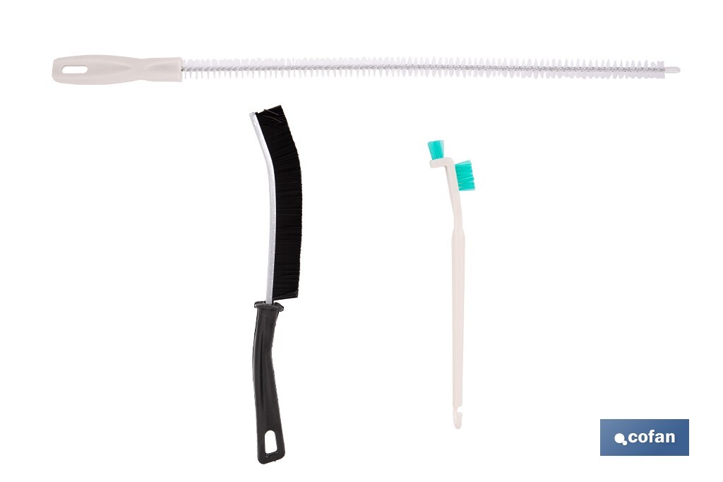Set de 3 cepillos de limpieza multifunción para baños, cocinas y ventanas | Limpia ranuras, raíles, tuberías y mucho más - Cofan