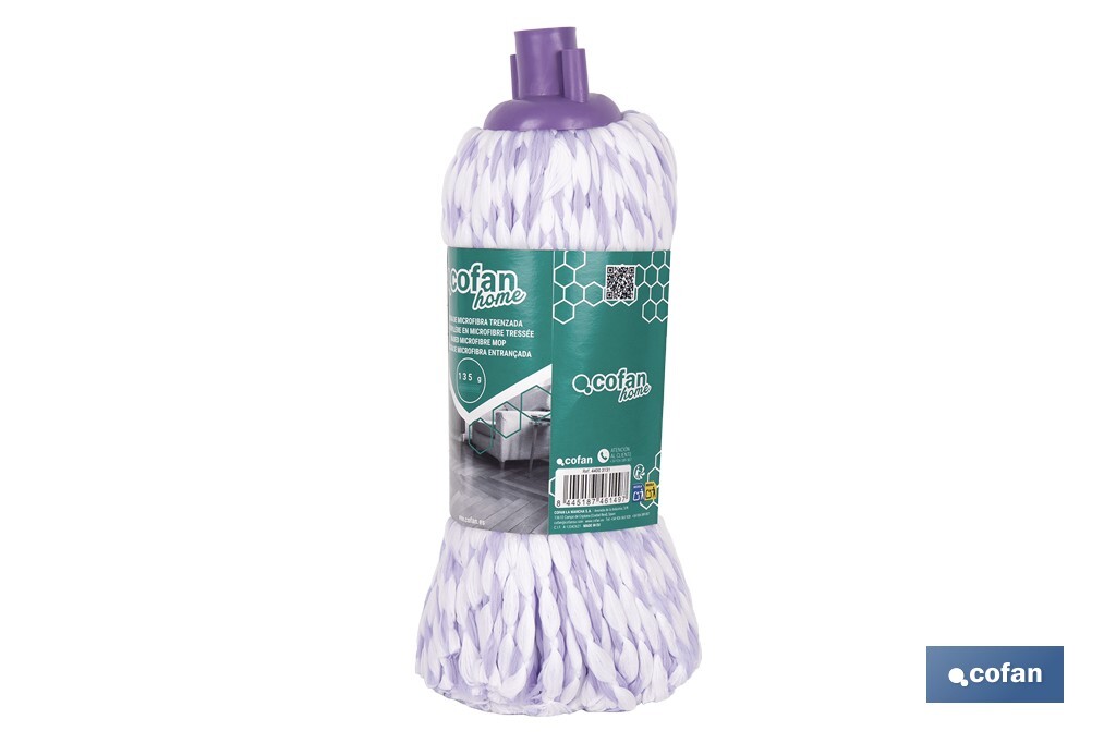Fregona de microfibra trenzada | Rosca universal | 30 % más de absorción, volumen y ligereza | Secado rápido para una limpieza impecable - Cofan