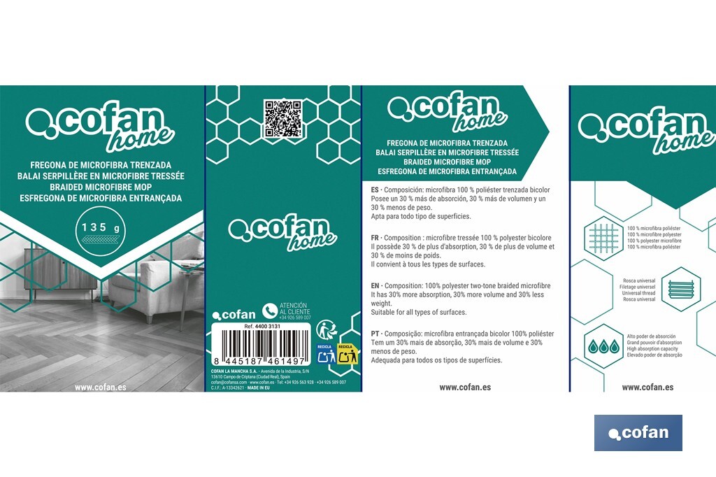 Fregona de microfibra trenzada | Rosca universal | 30 % más de absorción, volumen y ligereza | Secado rápido para una limpieza impecable - Cofan