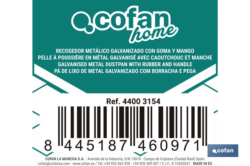 Pelle à poussière en métal | Tôle galvanisée | Manche fileté inclus | Durabilité et nettoyage professionnel | Dimensions : 83 x 24 cm - Cofan