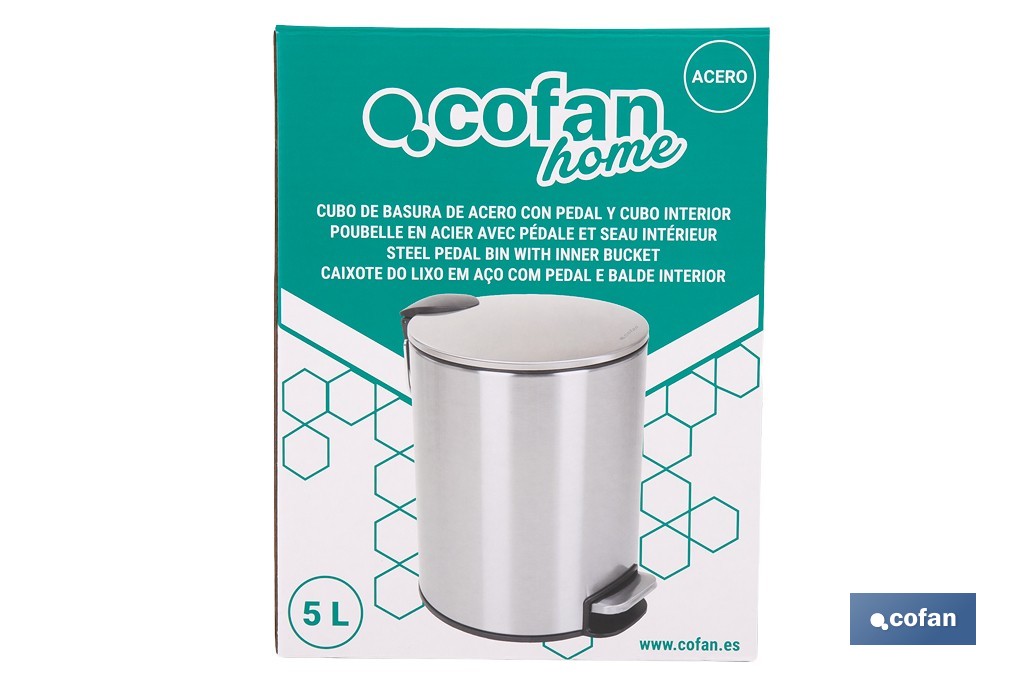 Cubo de basura de acero con pedal y cubo interior | Papelera metálica para baño y cocina | Recubrimiento antihuellas | Disponible en diferentes capacidades - Cofan