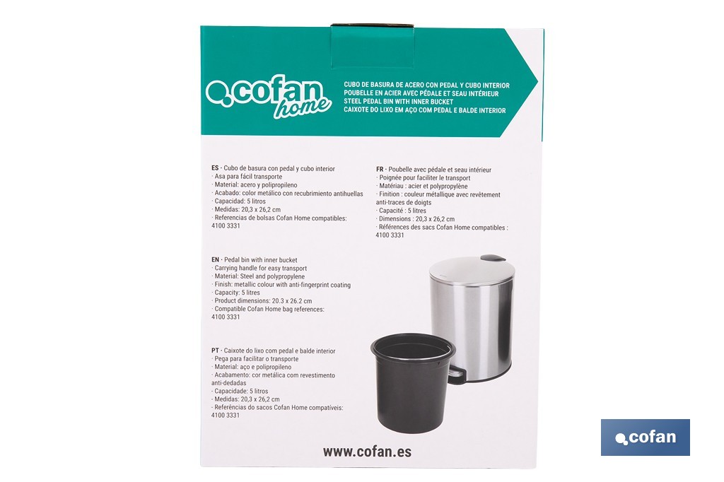 Cubo de basura de acero con pedal y cubo interior | Papelera metálica para baño y cocina | Recubrimiento antihuellas | Disponible en diferentes capacidades - Cofan