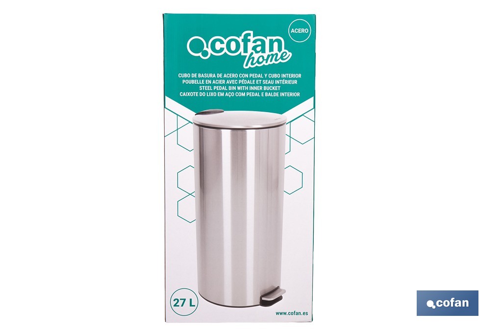 Cubo de basura de acero con pedal y cubo interior | Papelera metálica para baño y cocina | Recubrimiento antihuellas | Disponible en diferentes capacidades - Cofan