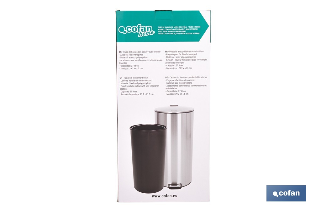 Cubo de basura de acero con pedal y cubo interior | Papelera metálica para baño y cocina | Recubrimiento antihuellas | Disponible en diferentes capacidades - Cofan