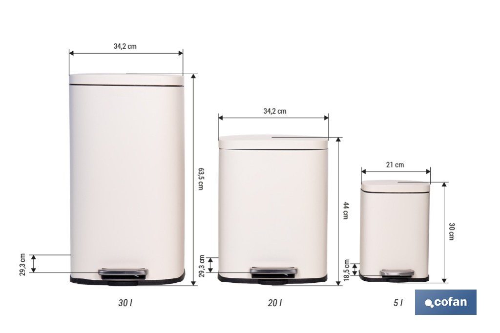 Cubo de basura beige con pedal y cubo interior | Papelera metálica para baño y cocina con cierre suave | Recubrimiento antihuellas | Disponible en diferentes capacidades - Cofan