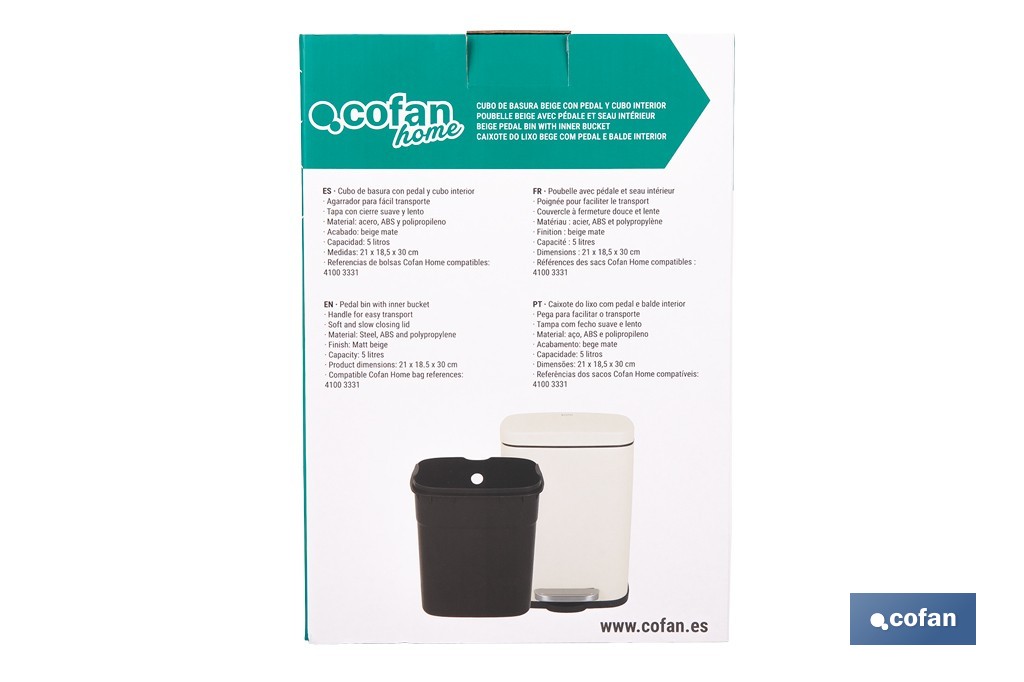 Cubo de basura beige con pedal y cubo interior | Papelera metálica para baño y cocina con cierre suave | Recubrimiento antihuellas | Disponible en diferentes capacidades - Cofan