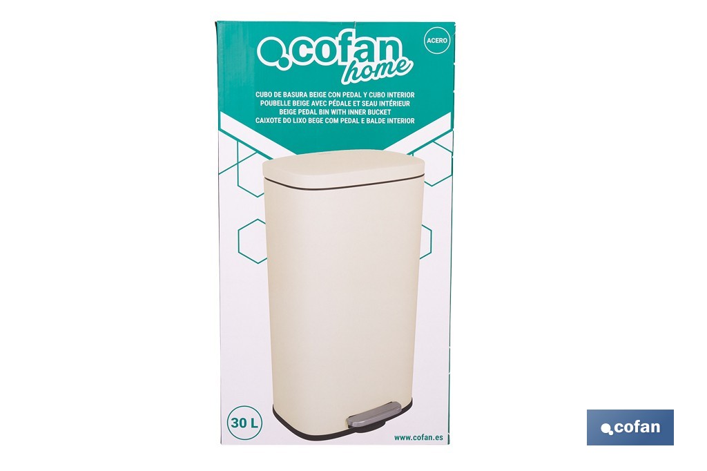 Cubo de basura beige con pedal y cubo interior | Papelera metálica para baño y cocina con cierre suave | Recubrimiento antihuellas | Disponible en diferentes capacidades - Cofan