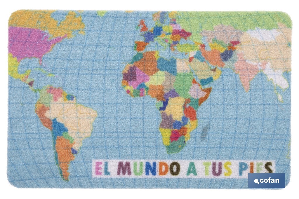 Felpudo entrada "El mundo a tus pies" | Adecuado para interior y exterior | Material resistente | Base antideslizante | Diseño con mapamundi | Medidas: 40 x 60 cm - Cofan