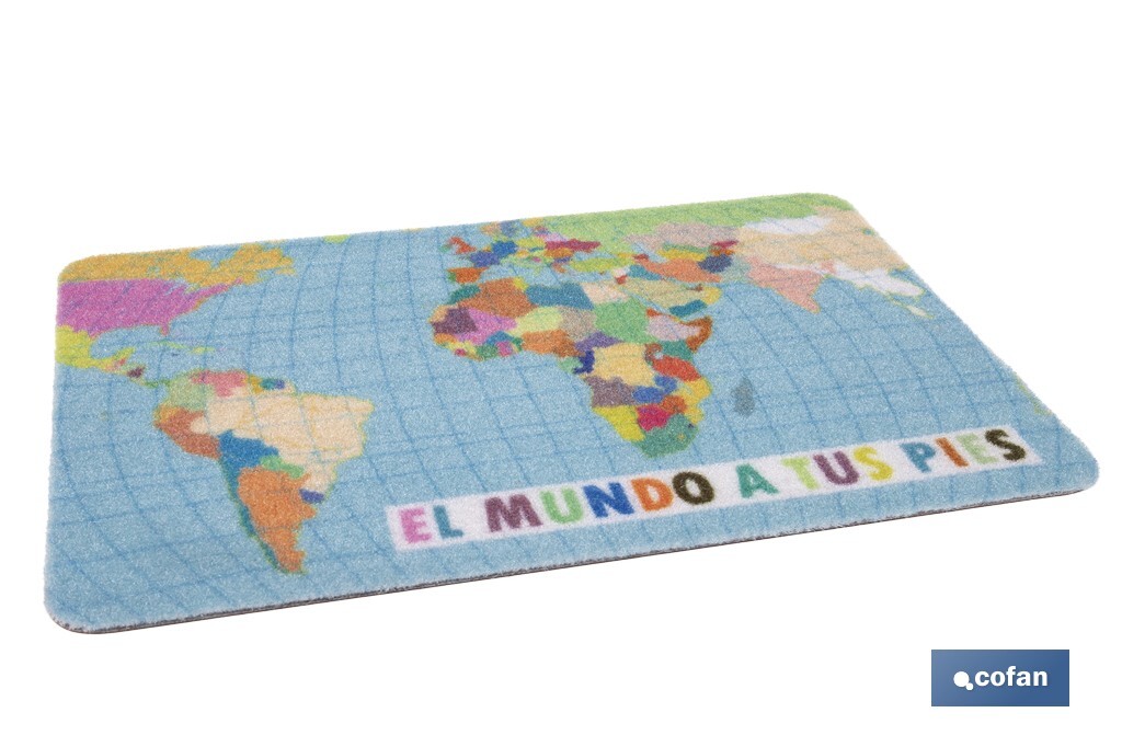 Felpudo entrada "El mundo a tus pies" | Adecuado para interior y exterior | Material resistente | Base antideslizante | Diseño con mapamundi | Medidas: 40 x 60 cm - Cofan