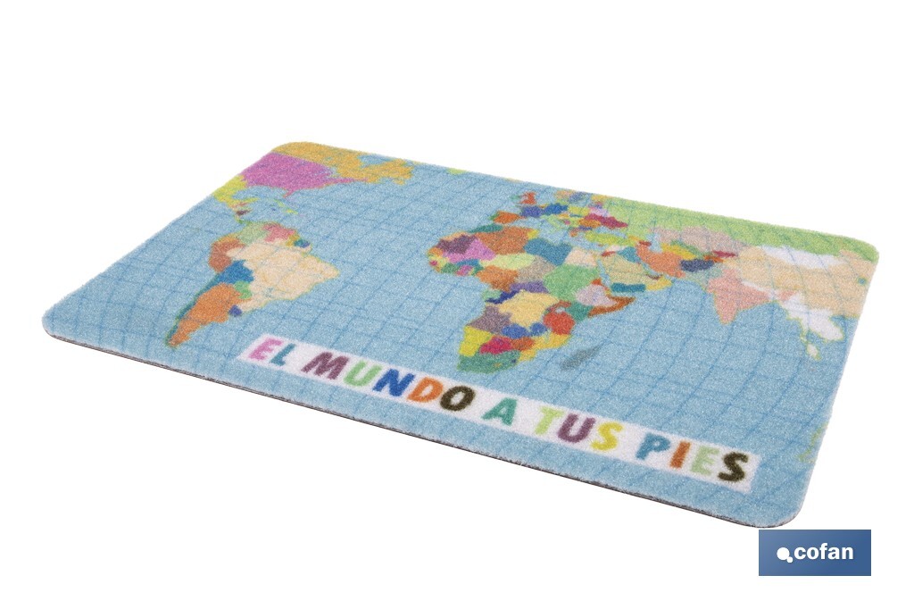 Felpudo entrada "El mundo a tus pies" | Adecuado para interior y exterior | Material resistente | Base antideslizante | Diseño con mapamundi | Medidas: 40 x 60 cm - Cofan