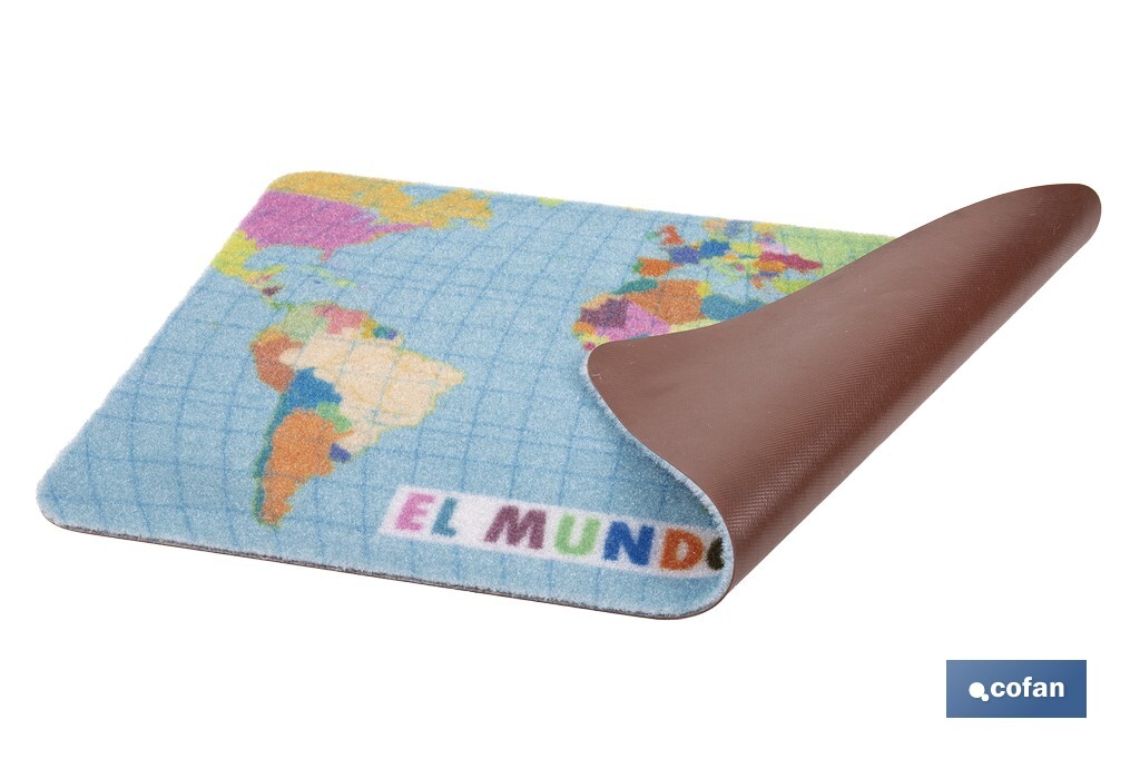 Felpudo entrada "El mundo a tus pies" | Adecuado para interior y exterior | Material resistente | Base antideslizante | Diseño con mapamundi | Medidas: 40 x 60 cm - Cofan
