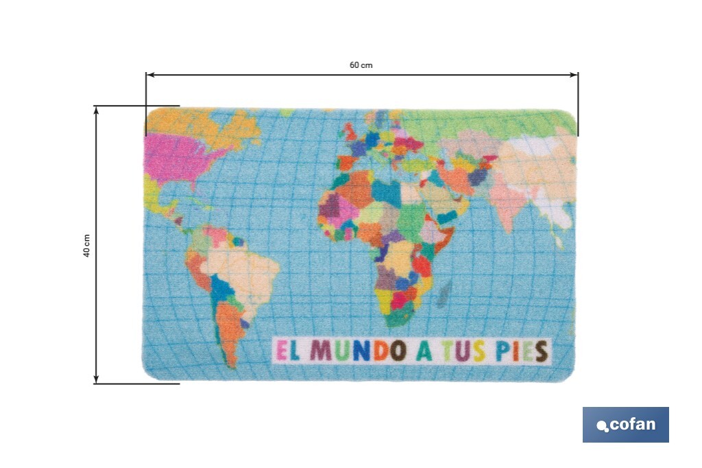Felpudo entrada "El mundo a tus pies" | Adecuado para interior y exterior | Material resistente | Base antideslizante | Diseño con mapamundi | Medidas: 40 x 60 cm - Cofan