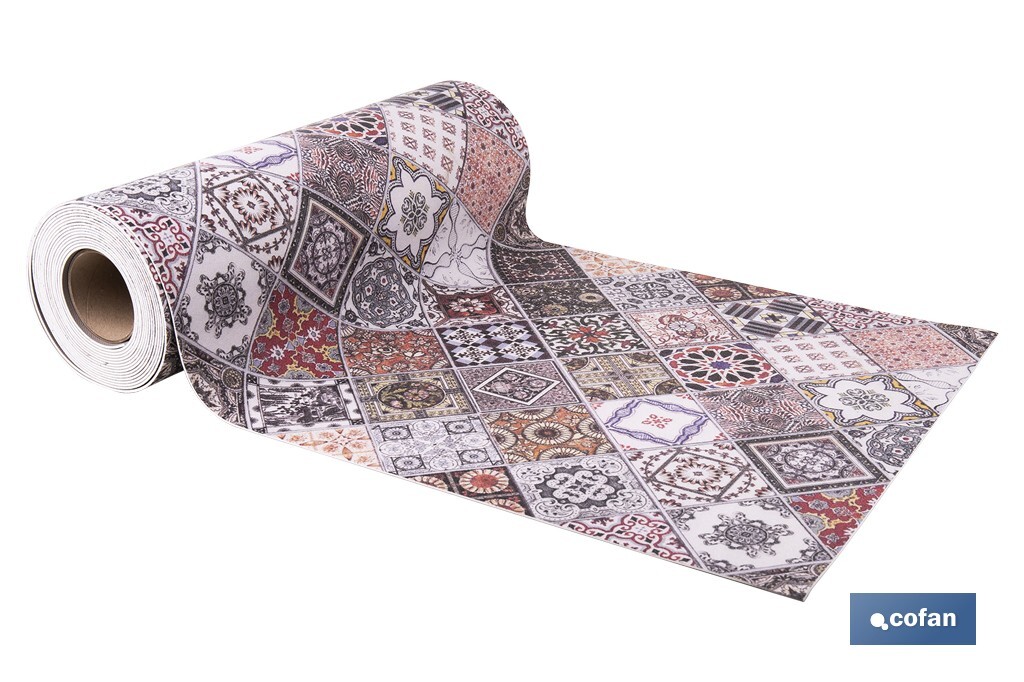 Rollo de alfombra vinílica semirrígida de impresión digital: Azulejos geométricos de colores | Resistente para suelos interiores y exteriores cubiertos - Cofan