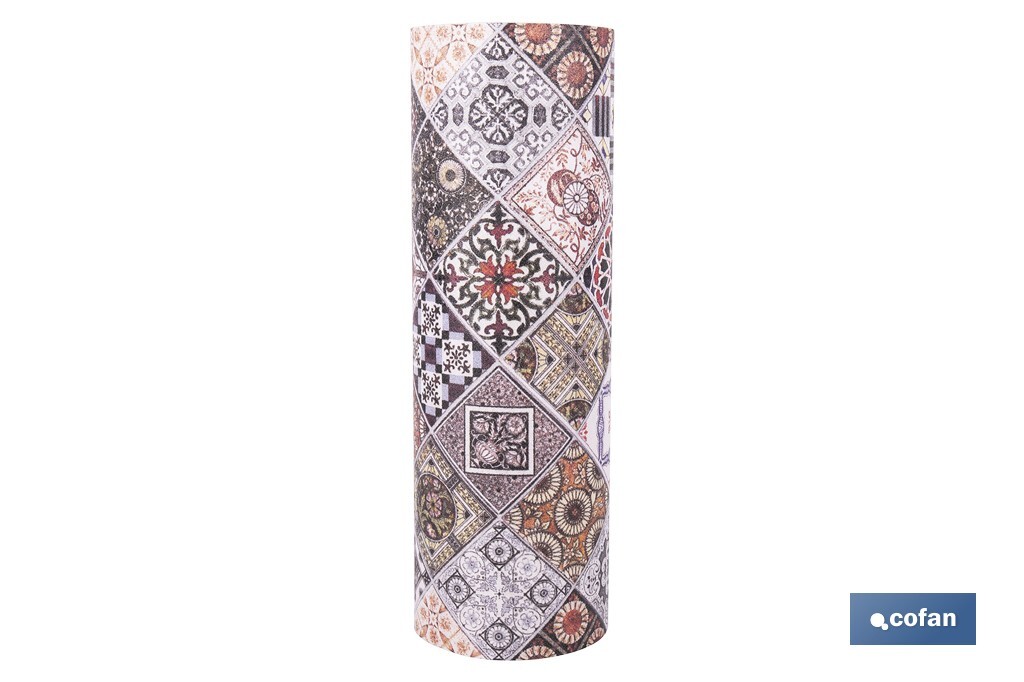 Rollo de alfombra vinílica semirrígida de impresión digital: Azulejos geométricos de colores | Resistente para suelos interiores y exteriores cubiertos - Cofan